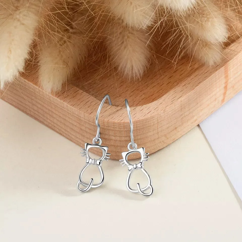 Whiskered Cat Drop Earrings in Solid 925 Sterling Silver