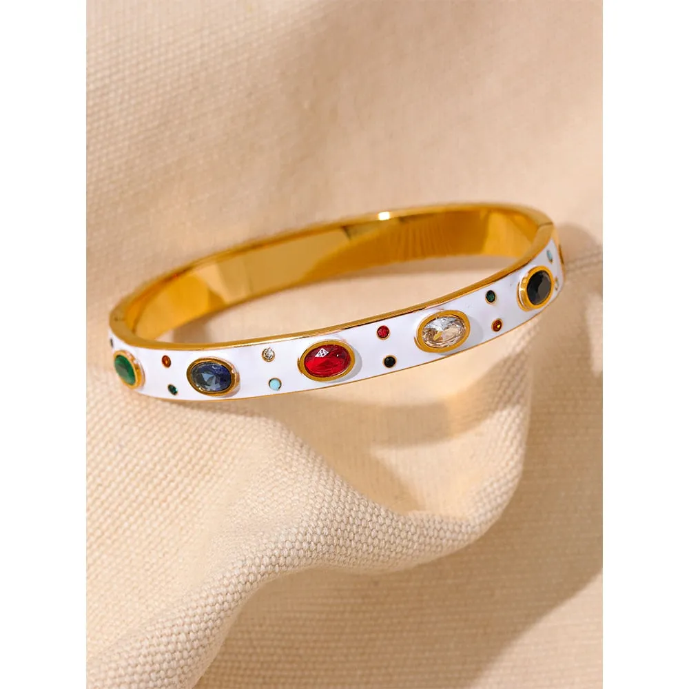 White Enamel Hinged Bangle Bracelet with CZ Accents