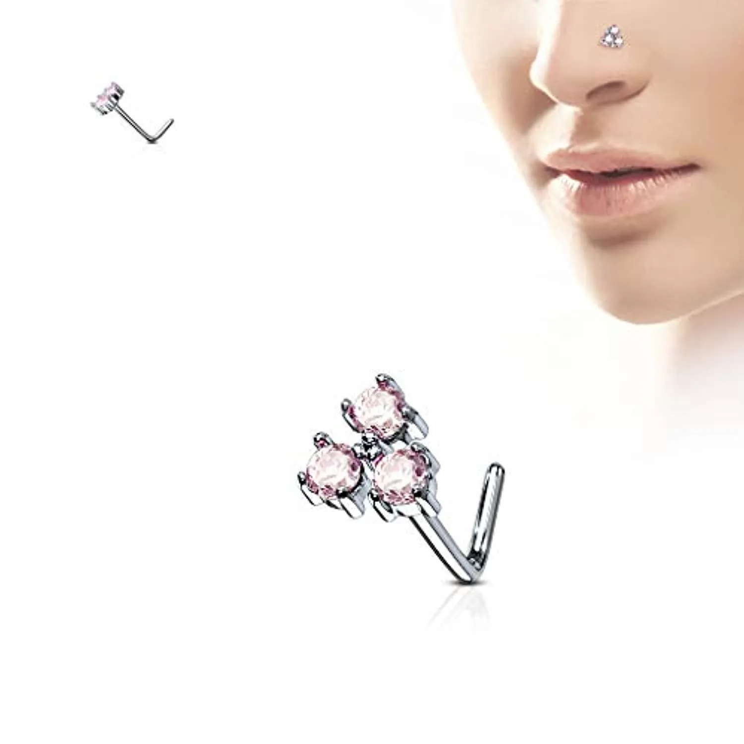 WildKlass Three Prong Set Round CZ Triangle 316L Surgical Steel L Bend Nose Stud Rings