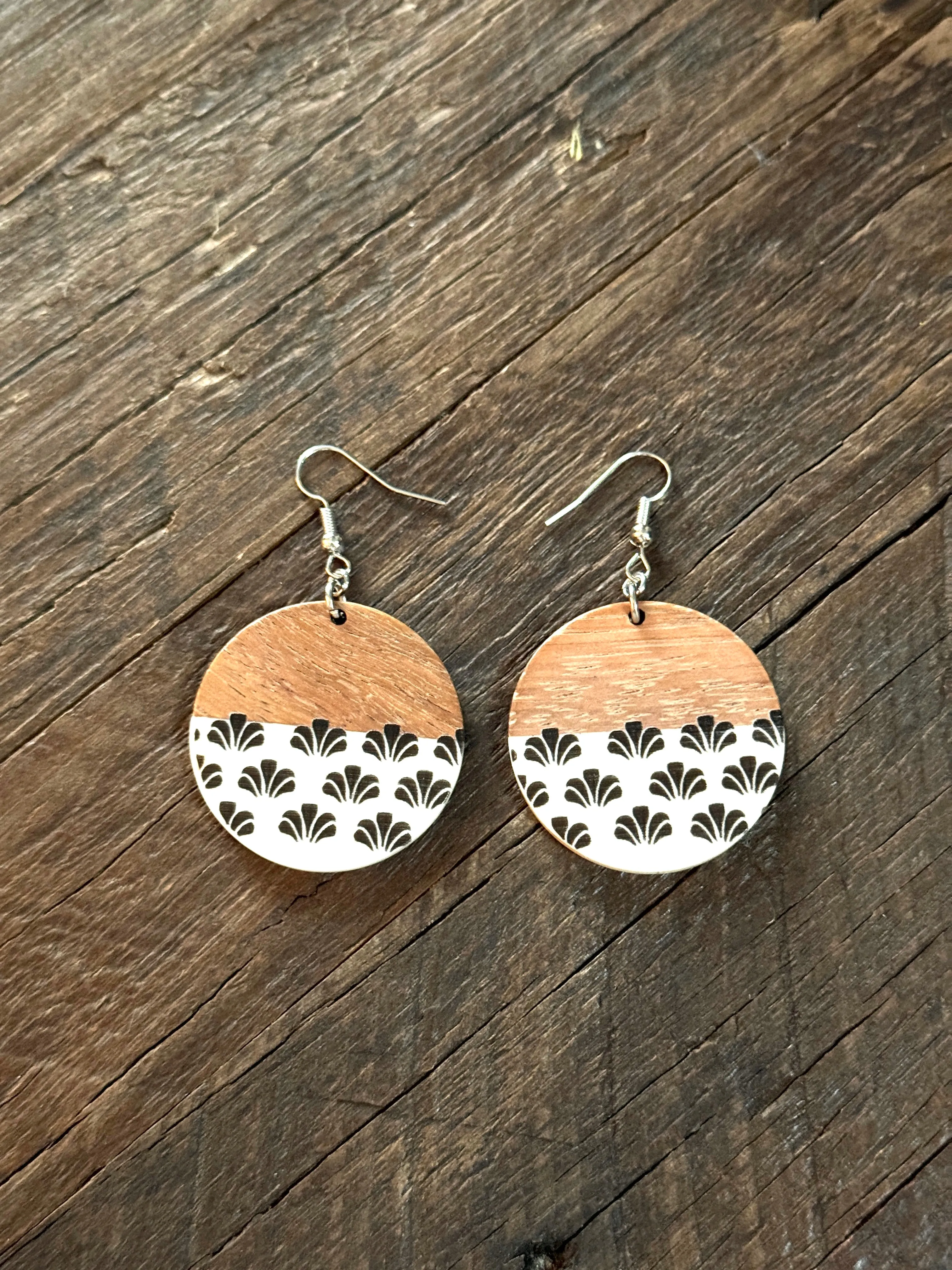 Wood & Resin Boho Drop Earrings Round