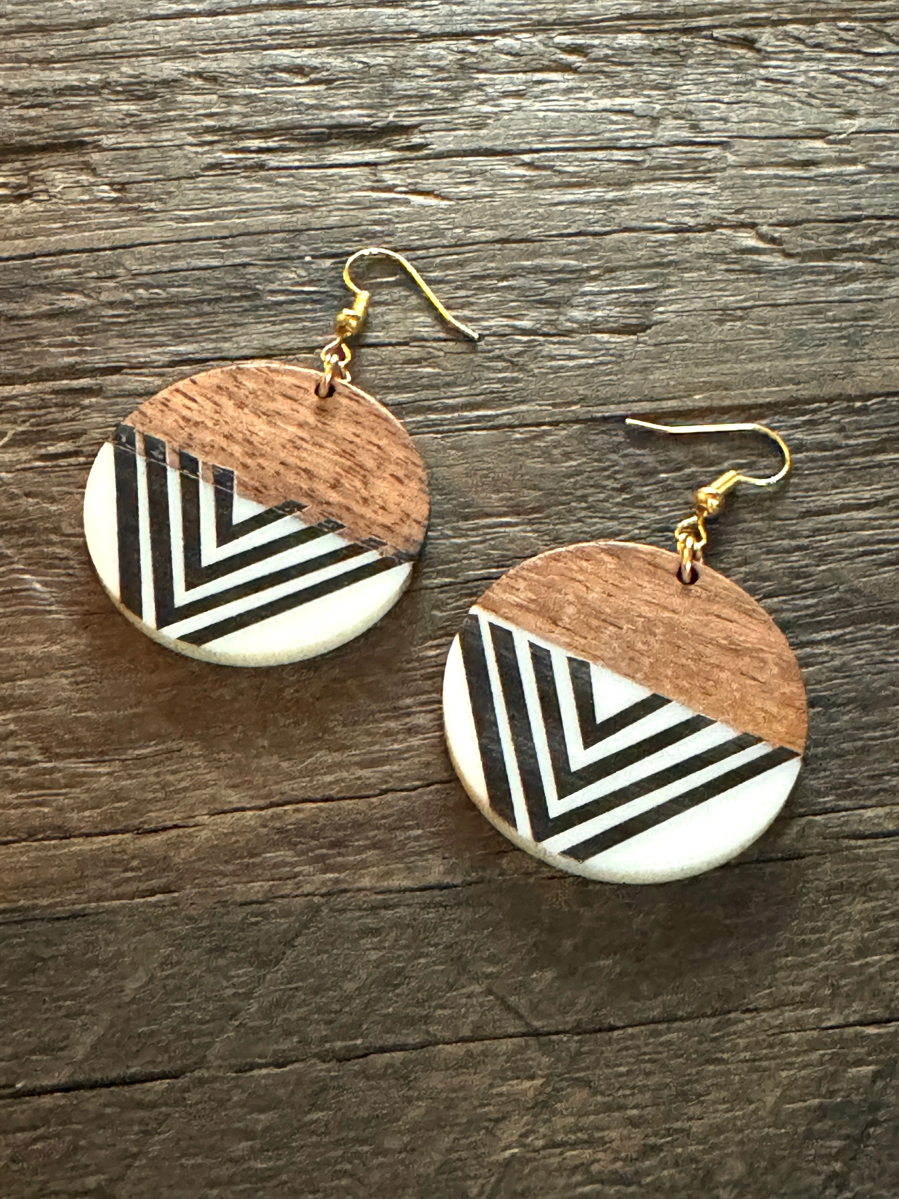 Wood & Resin Boho Drop Earrings Round