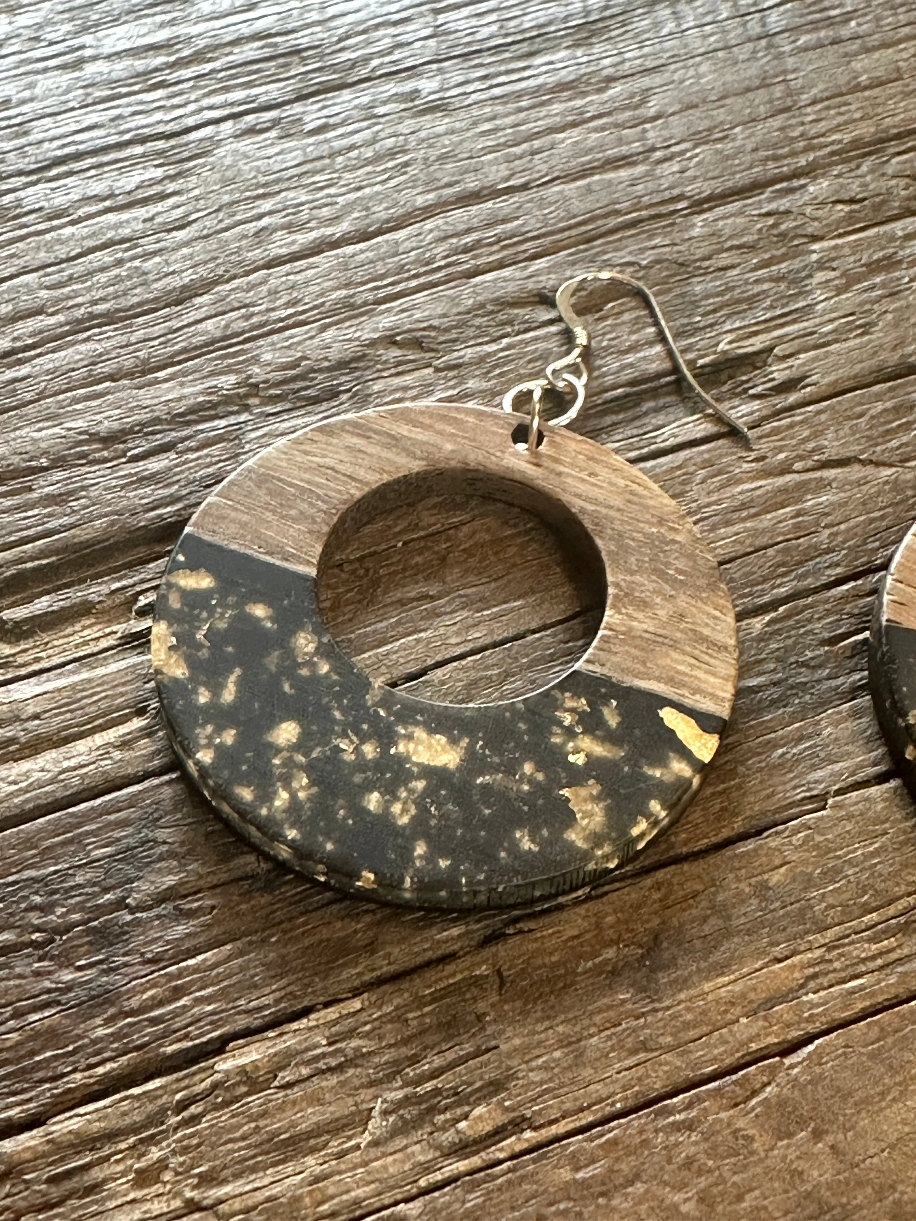 Wooden & Gold Foil Drop Earrings - Round Open